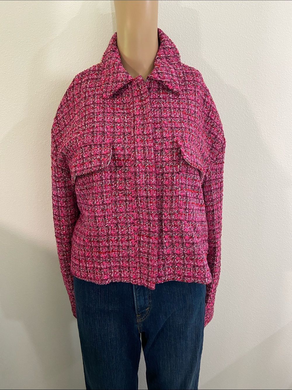 Rachel Zoe Pink Tweed Cropped Blazer Jacket sz Large